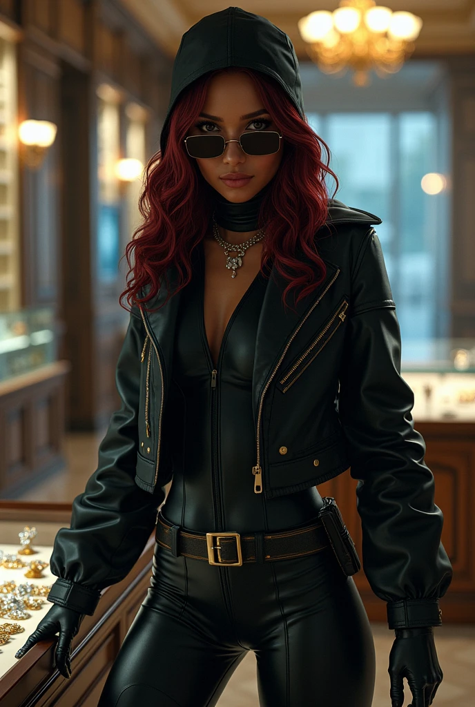 Saclete Johnson que qui une tenue de Black widow et qui fon un braquage dans une bijouterie elle ramasse les bijoux