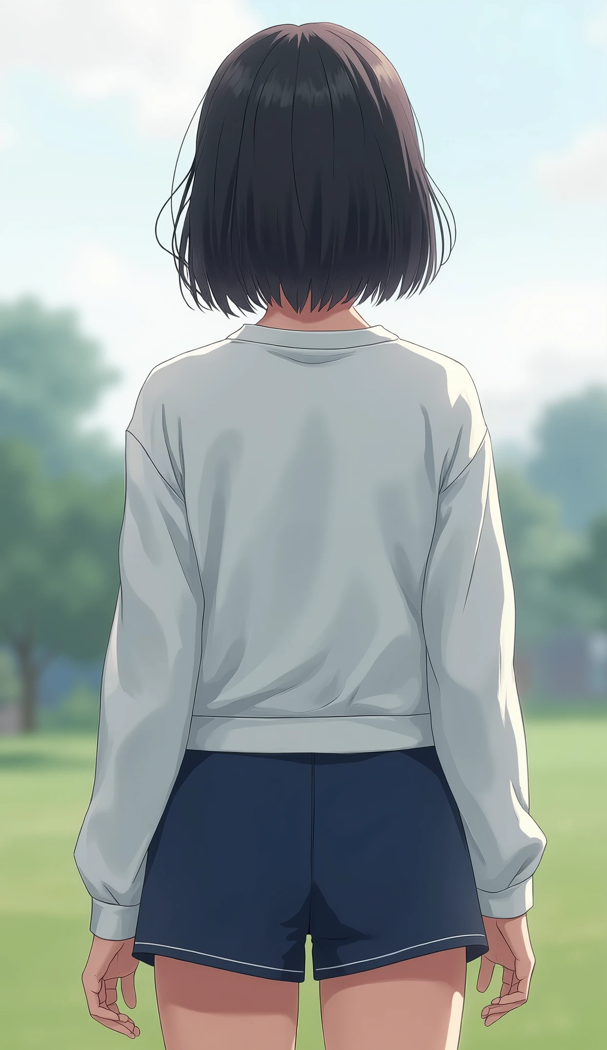 (Masterpiece:1.5),(Highest quality:1.5),(detailsมาก:1.5),(high resolution:1.5),(Realistic:1.5),(Realistic:1.5),(delicate depiction),(Careful description))),8k,wallpapers,BREAK(1 woman),(young japanese woman),(standing),(From before),(Back view, standing),(Short bob),(The upper half of the body is wearing a pure white gym outfit.),(Dark blue shorts:1.6),BREAK(Fine fabric texture:1.3),(thick thighs),(beautiful face,detailed face,,beautiful eyes,beautiful eyes,Beautiful skin,Surface texture:1.3),BREAK(handสวย:1.4),(handที่ละเอียด:1.4),(((jp_buruma))),(Cowboy picture),(front:1.6),(The background is a school field.:1.6),((Blur background:1.6)),(((hand,details,perfect,ความperfect,hand)))
