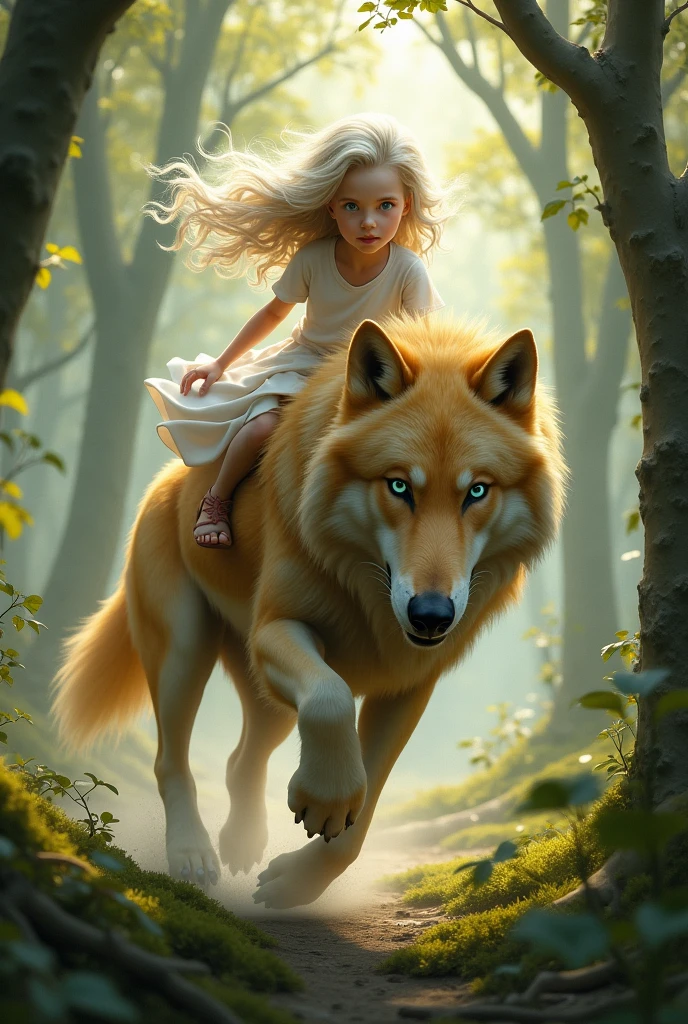 Fille  cheveux blanc ondulés mi longs  yeux bleus vert  peau pale a califourchon sur un loup geant blond qui court dans une forêt 