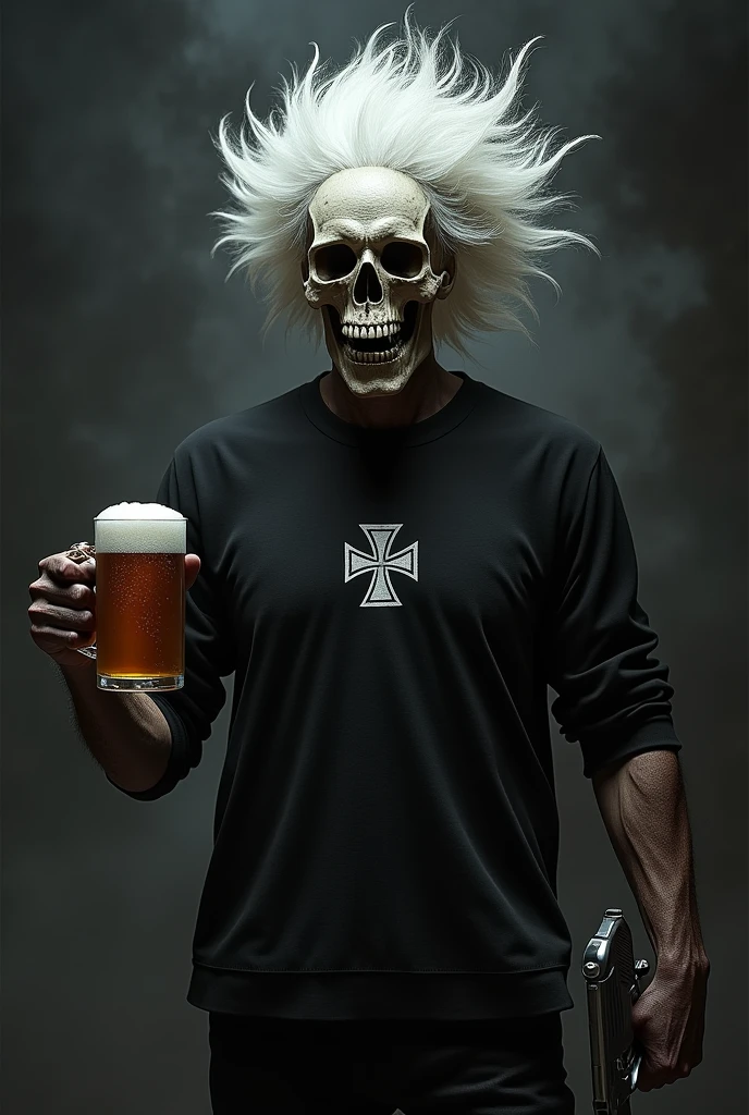 Skull with white hair wearing a black shirt with a Maltese cross on the chest holding a beer and a gun