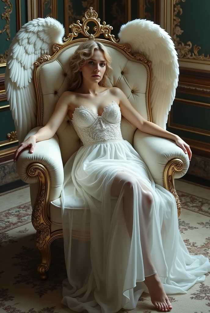 art d'installation conceptuel, une vue diagonale d'en haut et de derrière, a beautiful fallen angel reclining in a Luxueux et magnifique chair, ses beaux pieds blancs, ses ongles de pieds décorés de vernis à ongles orné de pierres précieuses par sa servante, Résistant (Luxueux et magnifique, belle et merveilleuse tenue d'ange blanc avec des volants en dentelle, mini-jupe longue à volants, gothique, roman, baroque, Renaissance, rococo, Art Nouveau, Style Renaissance du Nord), effets d'ombrage, effets magiques de gradation, effets de filtre brumeux, effets de paillettes, 2.5D, délicat et dynamique, Photographie artistique, hyper réaliste, art graphique CG numérique illustré
