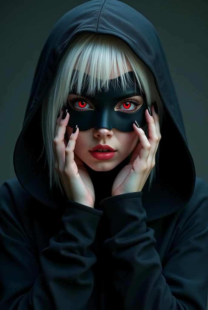 Girl in bikini, sex, busty, Colossal tits, SFW, hahahaha, best qualityer, More details, work of art, 1 kaneki ken girl, portraite, close up, female focus, Eyes red, standing alone, mask, black nails, bangss, looking ahead at viewer, hooded cloak, shorth hair, black backdrop, hands up, hooded cloak up, glaze, mouth mask, teeths, White hair, black mask, luxurious, 8k, detailded, ray tracing, Depth of field, cinematic lighting,