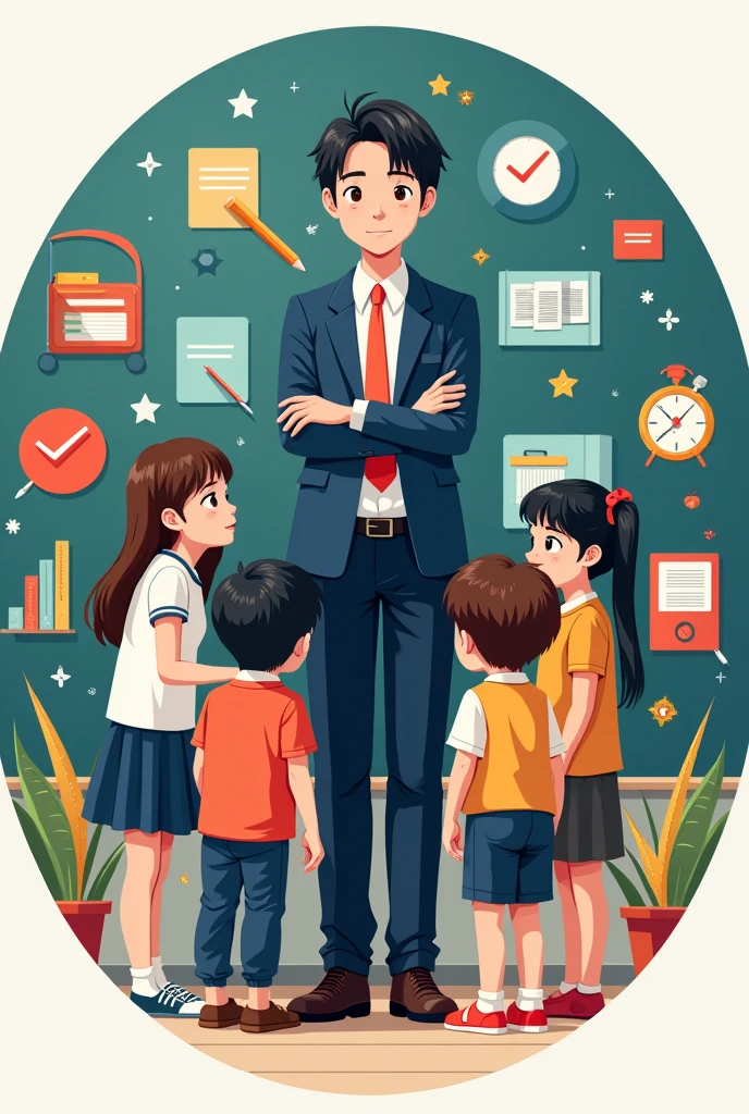 Sales logo on elementary school educational materials and planning with educational symbols with a teacher, formal attire and blackboard and students, IN THE SHAPE OF A CIRCLE, with anime design

