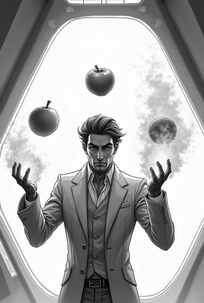 A male magician playing with three flying fruits in a spaceship. His hands are engulfed in magical flames. In a simple black and white pencil style