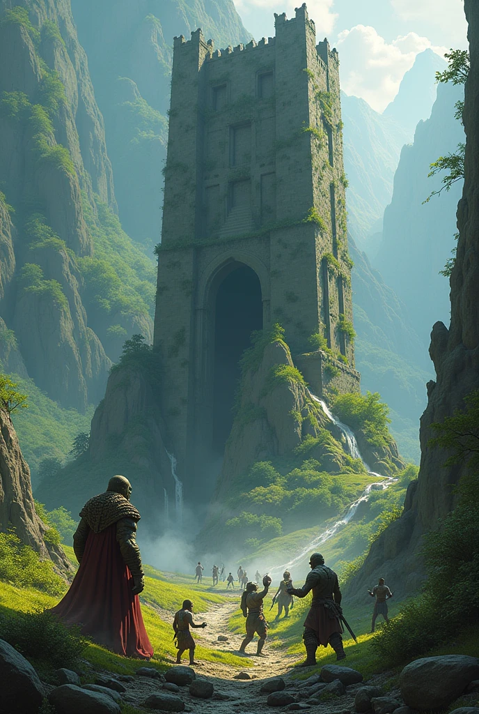 orcs building a tower, goblins carrying rock to the tower, tall wizard standing beside a tall tree ent, directing them to build tower, set in open field next to forest, fantasy art, dark fantasy, digital painting, 8k, high quality, detailed environment, dramatic lighting, epic scale, intricate details, cinematic composition, lush foliage, mossy rocks, ancient architecture, fantastical creatures, dramatic poses, dynamic action