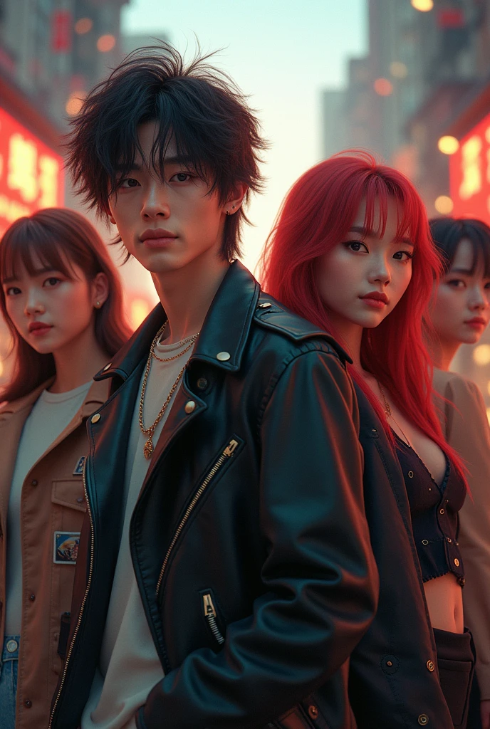 Generate a realistic photo that includes a very handsome Korean boy with long hair and a rocker style holding hands with Nayeon from Twice, popular korean girls, a Japanese girl with a red haired rocker look, A Korean boy with a rebellious and popular appearance, all like characters in a story.