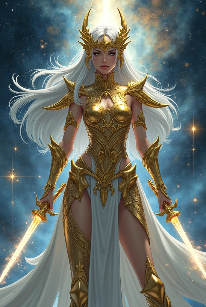 Create a mystical Amazon warrior inspired by the Knights of the Zodiac, wearing the golden Gemini armor. She stands in a dynamic, enigmatic pose, reflecting the duality and complexity of the Gemini sign. The armor should be intricately designed with twin motifs, featuring two faces or mirrored elements on the helmet, symbolizing the dual nature of Gemini. The golden plating should be sleek, symmetrical, and elegant, with ornate patterns that suggest intelligence and versatility. Her long hair, perhaps in a striking color like platinum blonde or silver, flows gracefully around her, adding to her ethereal presence. She holds dual weapons, such as twin swords or a staff with two ends, both glowing with cosmic energy. The backdrop should be a celestial landscape filled with swirling stars, galaxies, and ethereal light, emphasizing her connection to the cosmos and her mastery over illusion and perception. The scene should capture the original anime style, with a blend of realism and fantasy, highlighting the mysterious and powerful essence of the Gemini Amazon."