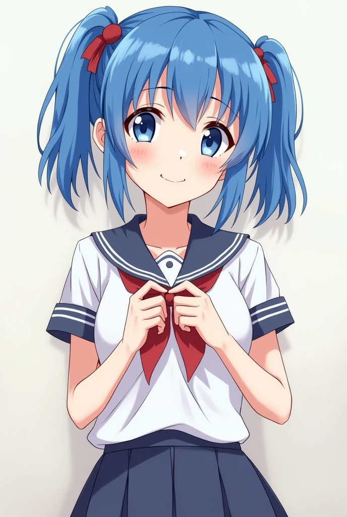 Anime style girl with blue hair wearing Japanese school uniform