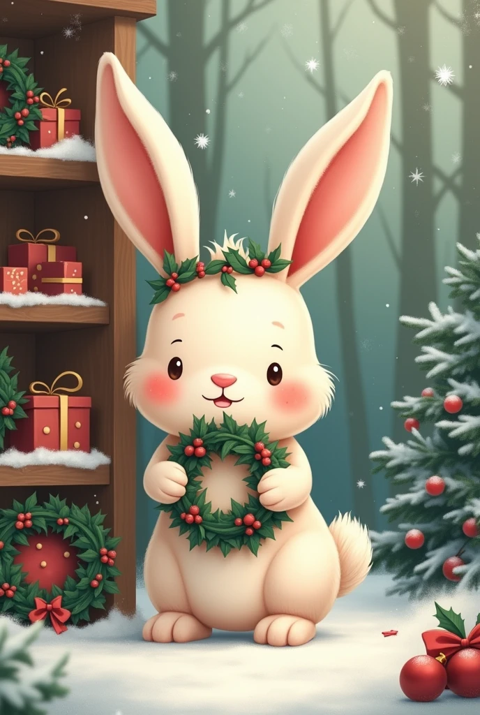 Create a charming Christmas-themed illustration featuring a full-body bunny with large ears. The bunny is standing in front of a wooden shelf displaying a Christmas wreath made of holly leaves and berries, while holding another wreath in its paws. It wears a holly crown on its head, and the overall scene conveys a warm Christmas spirit with vibrant reds, greens, and soft, detailed textures in a snowy forest setting