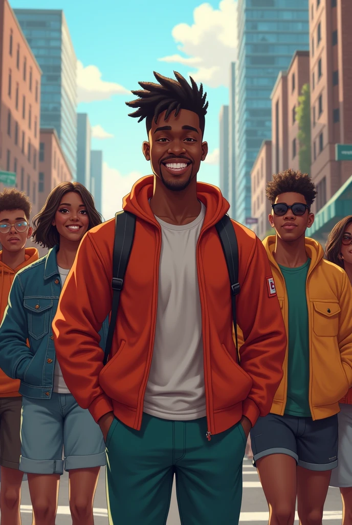 A young black man with an athletic body in the city with his friends