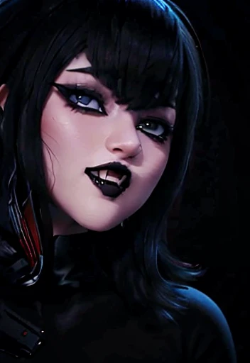 Hermosa vampiresa  ojos azules piel tersa rostro detallado perfectamente eyeliner voluminous lips upturned lips upturned nose short black hair with bangs standing, showing fangs vampire, whit blood , 
