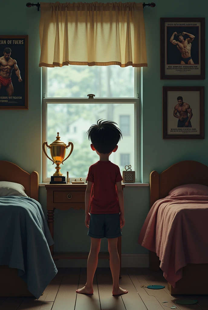 boy with his back turned in his room looking at his trophies and pictures of bodybuilders hanging on the wall