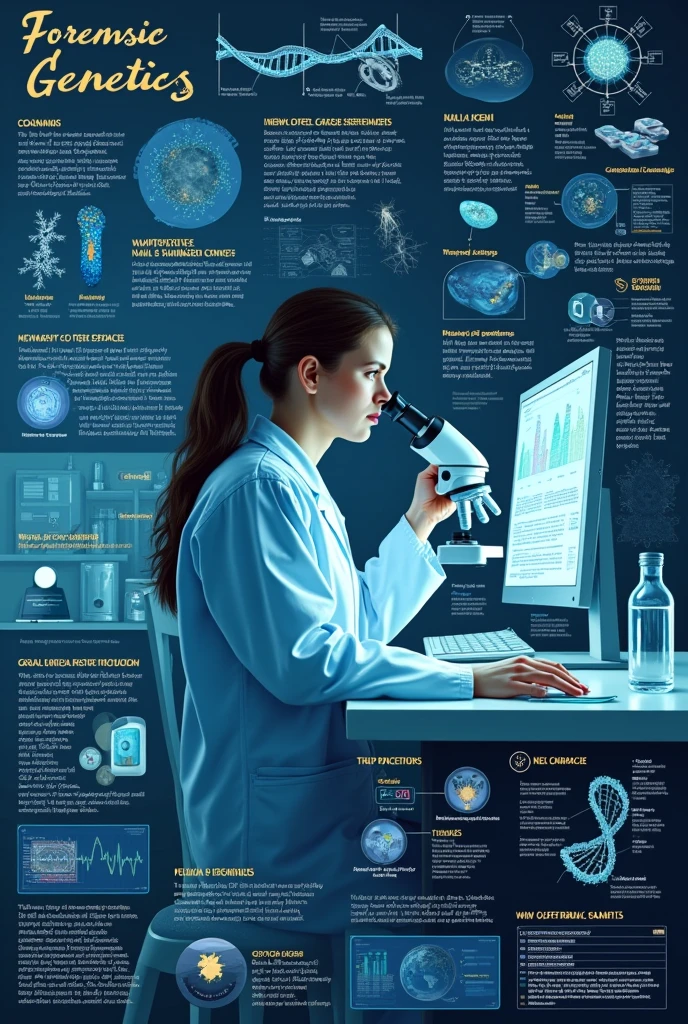 Forensic genetics poster drawing and biology explanation a forensic scientist drawing in the middle of the poster