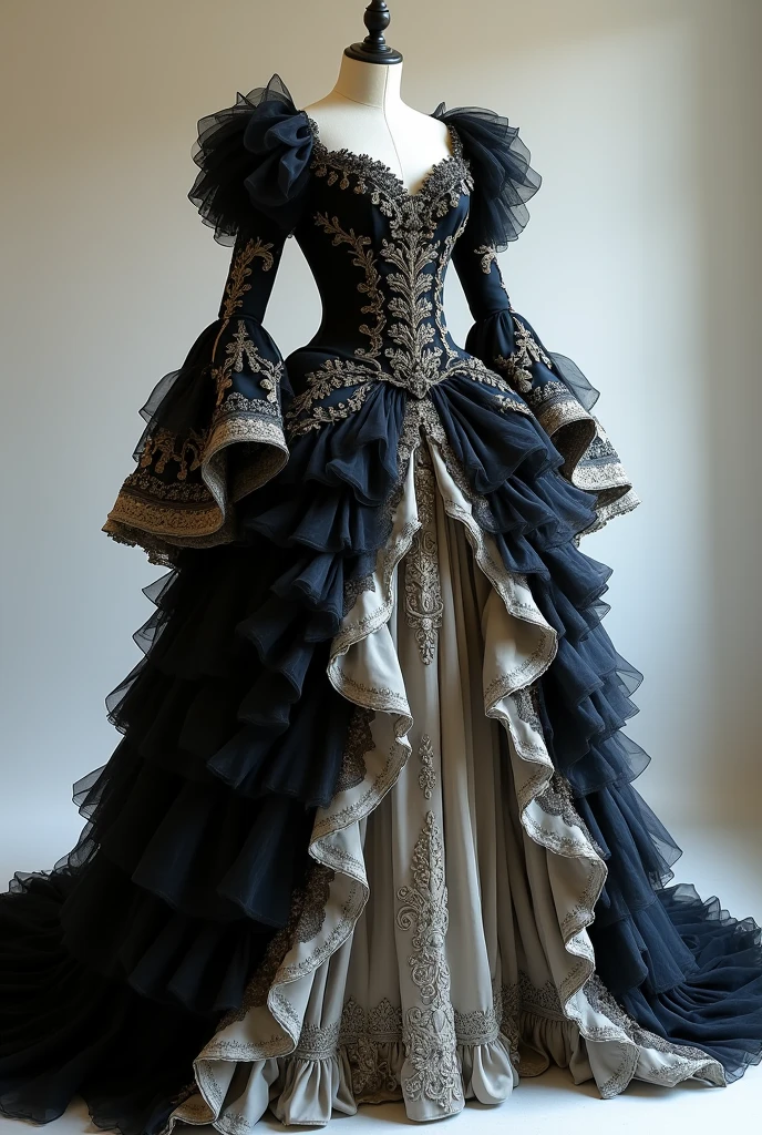 there is a dress on a mannequin, rococo ruffles dress, rococo dress, baroque dress, intricate fantasy dress, ornate frilly dress, romantic dress, frilly outfit, fantasy dress, frill, lolita style, full dress, ((lolita fashion)), long sleeves dress, many layers lolita dress, palatte color include black and white
