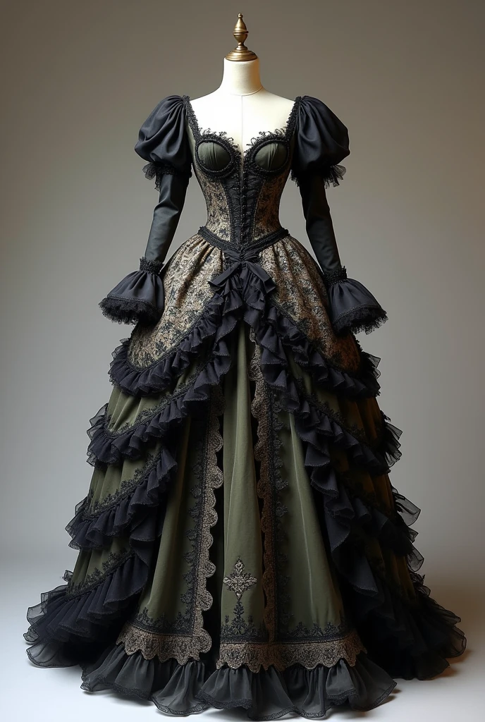 there is a dress on a mannequin, rococo ruffles dress, rococo dress, baroque dress, intricate fantasy dress, ornate frilly dress, romantic dress, frilly outfit, fantasy dress, frill, ta style, full dress, ((loliashion)), long sleeves dress, many layers lolita d, palatte color include black and white