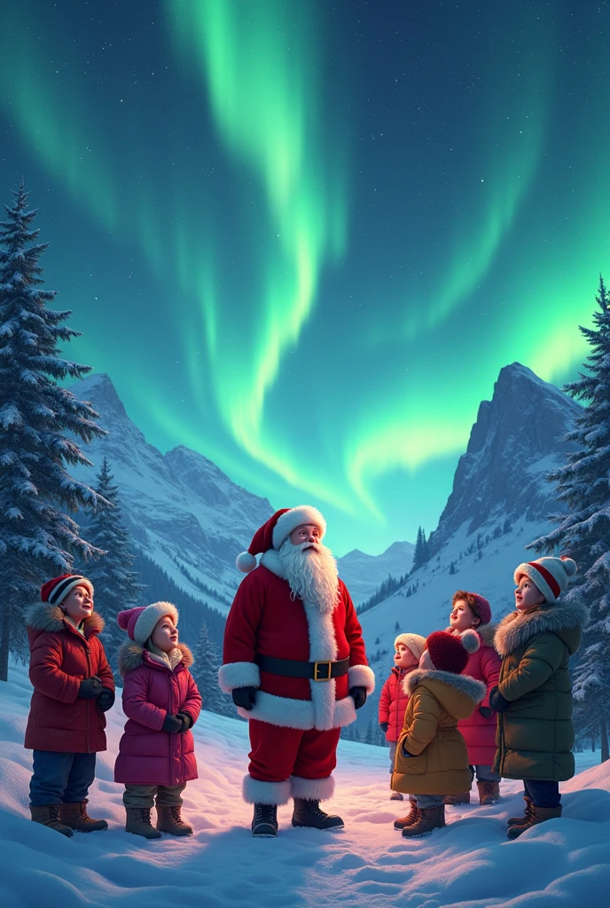 Make a tourist advertisement of humans watching the Northern Lights with Santa Claus