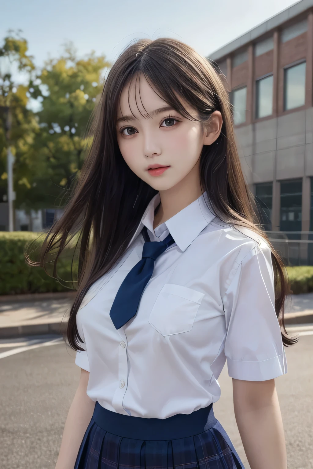 One Girl, 1 person,Highest quality,High resolution,超High resolution,8k,Realistic,Upper Body,encounter_audience,Large Breasts, the body is slim,(School uniform:1.2),