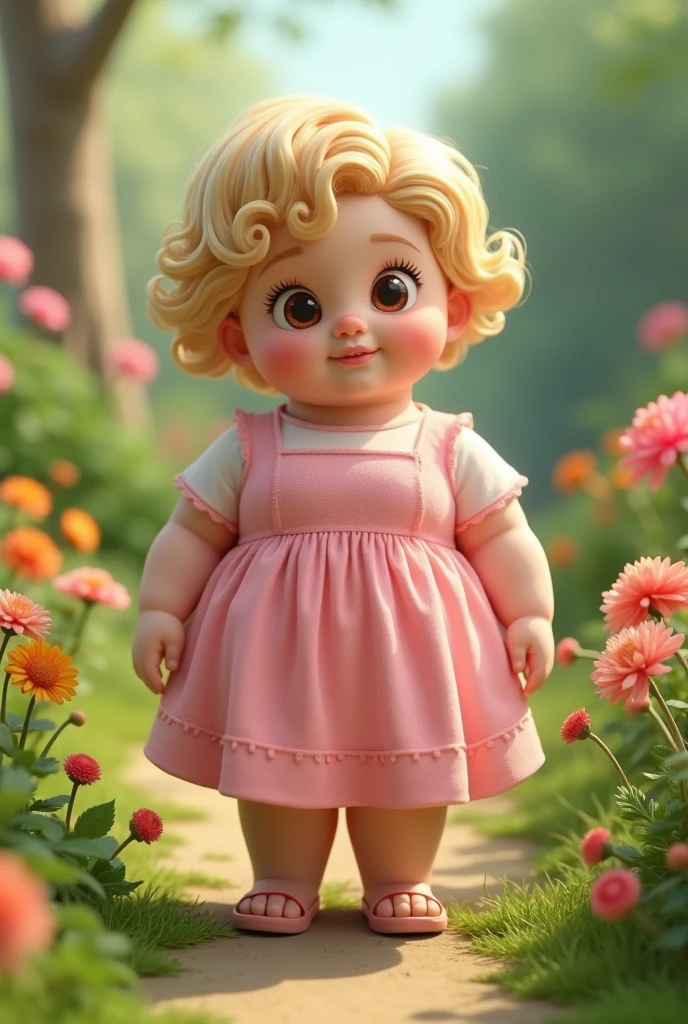  two years, short curly blonde hair, Round face,skin fair, wide nose, Middle lips, big eyelashes, plumpness, pink dress,em um jardim 
