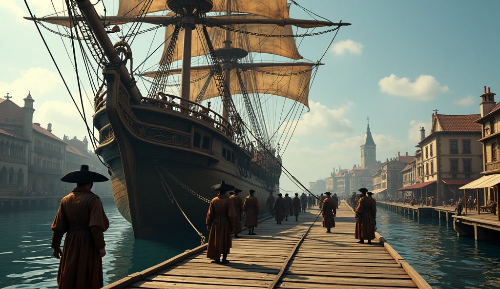 in the middle ages, on the port pier, spanish galleon, anchored, ancient spanish sailors, going up on deck, cinematic, realistic, 4k