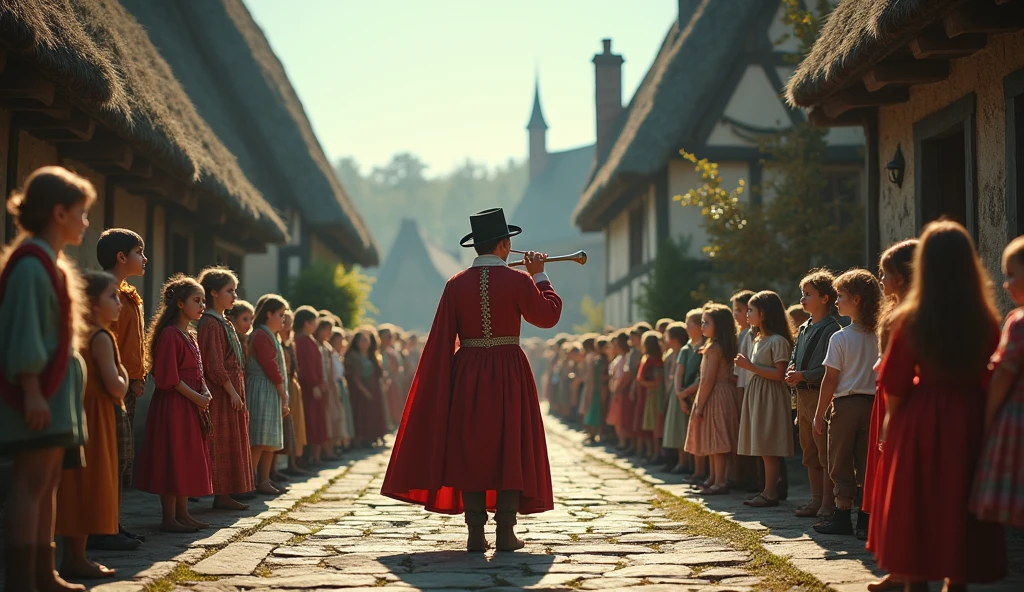 (Fantastical wide shot:1.4) of a scene from "The Pied Piper of Hamelin," with the Piper dressed in colorful medieval attire, leading a long line of children as he plays his magical flute, (mesmerized expressions on the children's faces:1.3), full-body framing, through a winding, cobblestone street of a medieval village, surrounded by quaint houses with thatched roofs, under soft, ethereal lighting, shot from a slightly elevated angle, on a Nikon D850 with a 35mm lens, (in the style of fairytale-inspired photography:1.5).