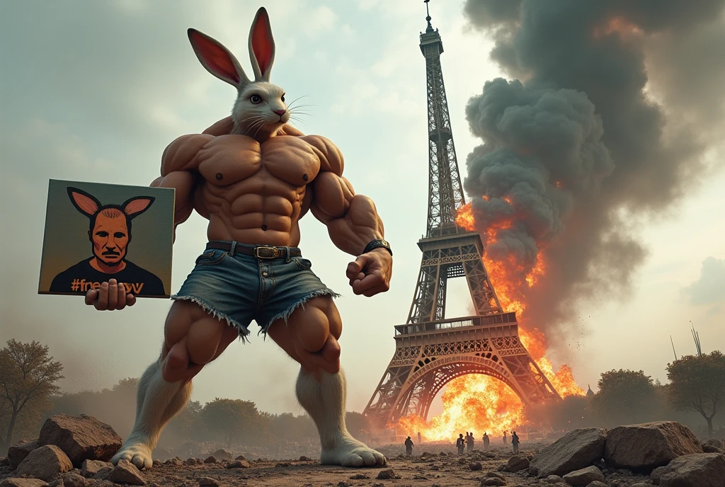 Rocky Rabbit with a six-pack body and a very large and very tall body destroys the Eiffel Tower, the buildings collapse due to the strength of Rocky Rabbit and the dust and smoke rises and the buildings catch fire, there is a painting in Rocky Rabbit's hand that Written #FREEDUROV