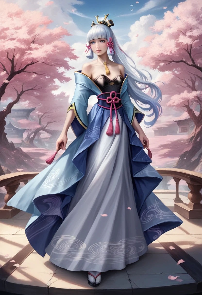 Kamisato ayaka, beautiful detailed eyes, beautiful detailed lips, extremely detailed eyes and face, long eyelashes, elegant kimono, serene expression, narrow waist, flowing hair, intricate hair ornaments, full body,natural lighting, vibrant colors, cinematic composition, fantasy landscape, cherry blossoms, ornate architecture, (best quality,4k,8k,highres,masterpiece:1.2),ultra-detailed,(realistic,photorealistic,photo-realistic:1.20)