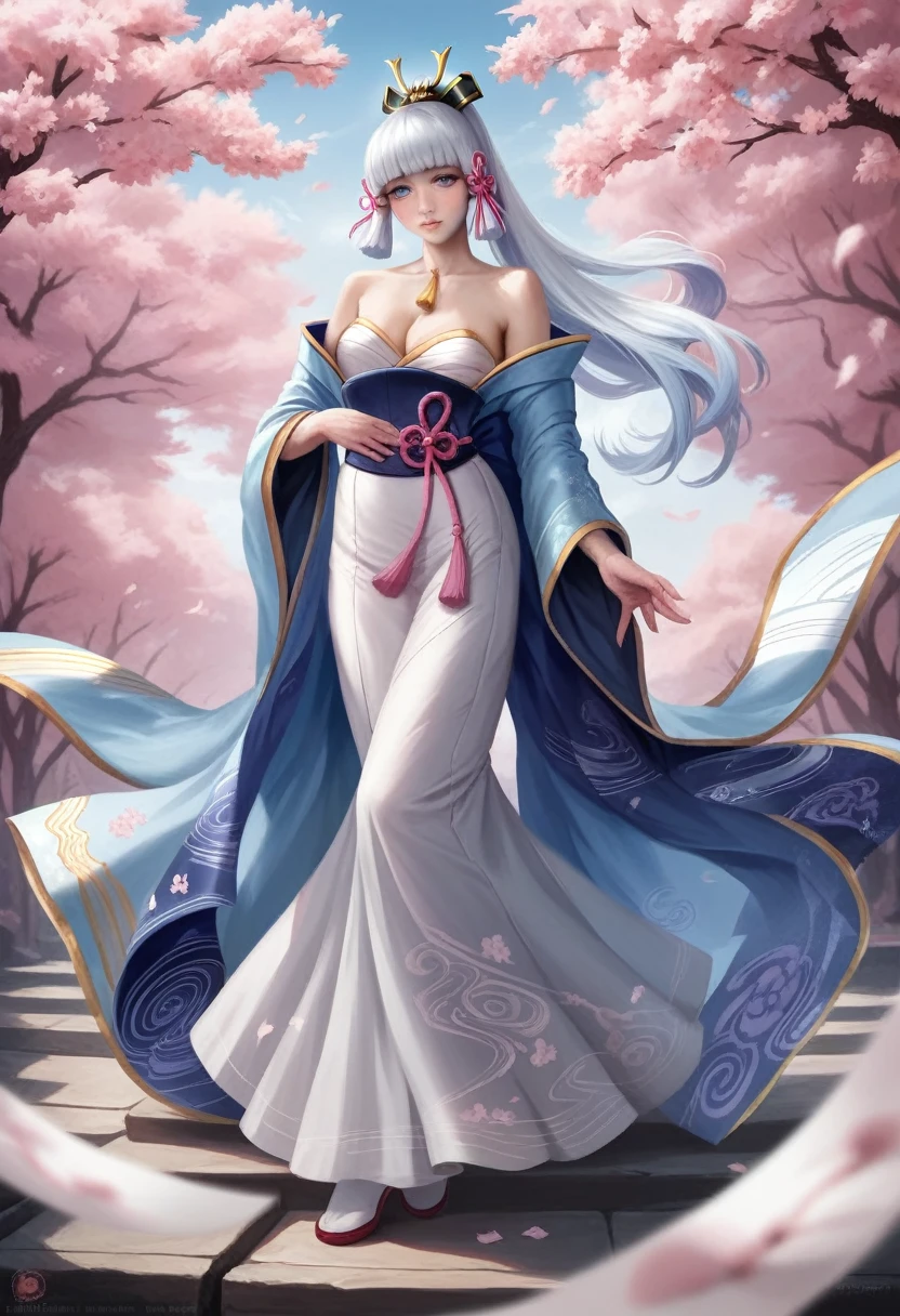 Kamisato ayaka, beautiful detailed eyes, beautiful detailed lips, extremely detailed eyes and face, long eyelashes, elegant kimono, serene expression, narrow waist, flowing hair, intricate hair ornaments, full body,natural lighting, vibrant colors, cinematic composition, fantasy landscape, cherry blossoms, ornate architecture, (best quality,4k,8k,highres,masterpiece:1.2),ultra-detailed,(realistic,photorealistic,photo-realistic:1.20)