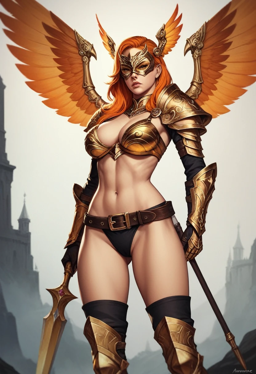 Detailed face, detailed eyes, detailed lips, 1girl, orange hair, golden face-framing mask, ear wings, golden bikini armor, golden shoulder armors, golden bracers, black underwear, big brown belt, golden thigh-high boots, armor boots, serious expression