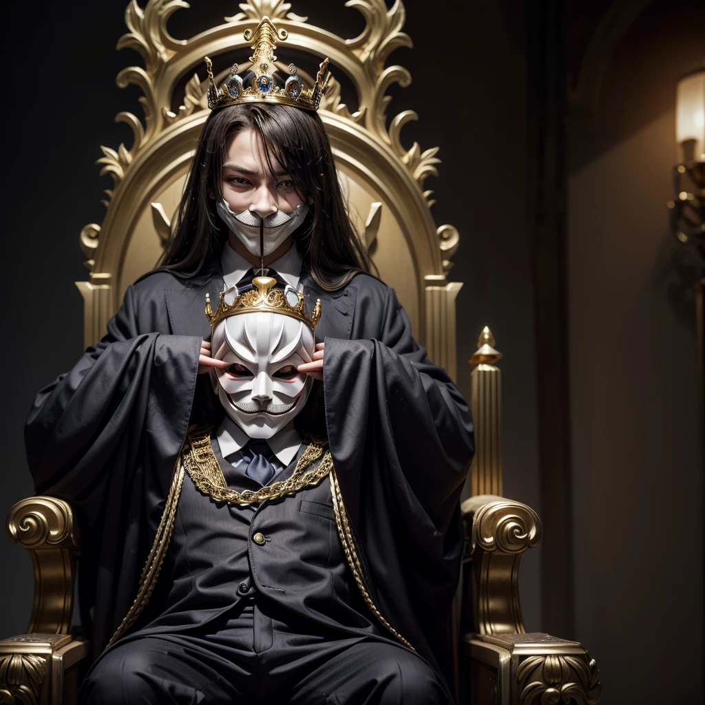 character with anonymous mask sitting on a throne wearing a crown on his head, his clothes are a suit and the golden throne the golden crown