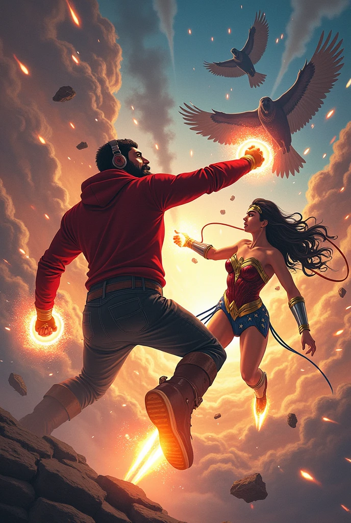 Young Star-lord with red hoodie, headphones, star-lord helmet on head, gas helmet, covered mouth, round red eyes, Red eyes, magic rings in the hands and rocket boots, Vs. Wonder woman (Big tits), Fighting, power, fiction, full body, 2 person, magic lasso, flying in the sky, hight, fall, fire in boots, red magic musical notes surrounding, full escene, hugged, poweful spells, fighting with evil giant birds