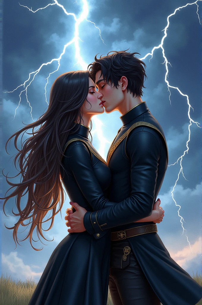 Full-body realistic watercolor illustration of Violeta Sorrengail and Xaden Riorson kissing passionately under a stormy sky. Violeta, with her long, flowing hair that transitions from dark brown at the roots to white at the tips, is wearing her black dragon rider uniform, which accentuates her slender figure. Xaden, with his dark, tousled hair and muscular build, is dressed in the same black dragon rider outfit. The background features a dramatic sky illuminated by vivid lightning bolts, adding a dynamic and intense atmosphere to the scene. The lightning casts a bright, electrifying glow over the couple, highlighting their passionate embrace and the deep connection between them.