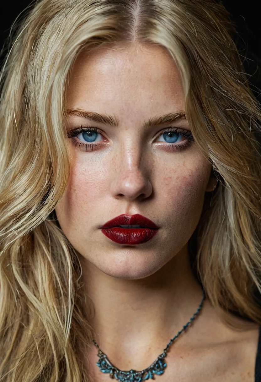 A 25, yeard old girl (highly detailed women face) with long blond hair and (beautitgdetalld ocean eyes:1.2/closed mouth:1.2), some facial imperfections, ultra detailed, beautiful girl, real human wet skin, striking features, beautiful, intricate details, tension, contrast, (texture:1.1) (realism:1.1) a lots of freckle ((dark red lipstick)) ((Neck tattoo))