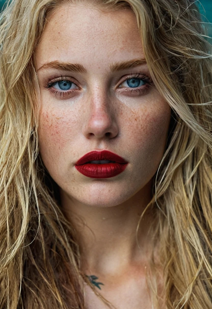 A 25, yeard old girl (highly detailed women face) with long blond hair and (beautitgdetalld ocean eyes:1.2/closed mouth:1.2), some facial imperfections, ultra detailed, beautiful girl, real human wet skin, striking features, beautiful, intricate details, tension, contrast, (texture:1.1) (realism:1.1) a lots of freckle ((dark red lipstick)) ((Neck tattoo))
