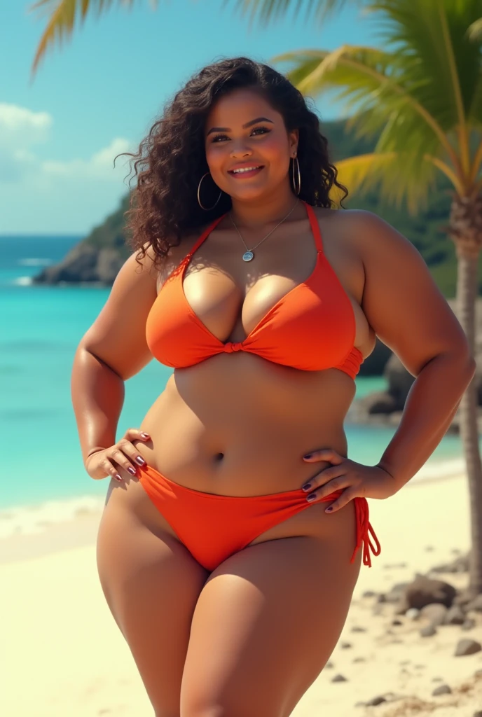 fat woman in bikini with back bent