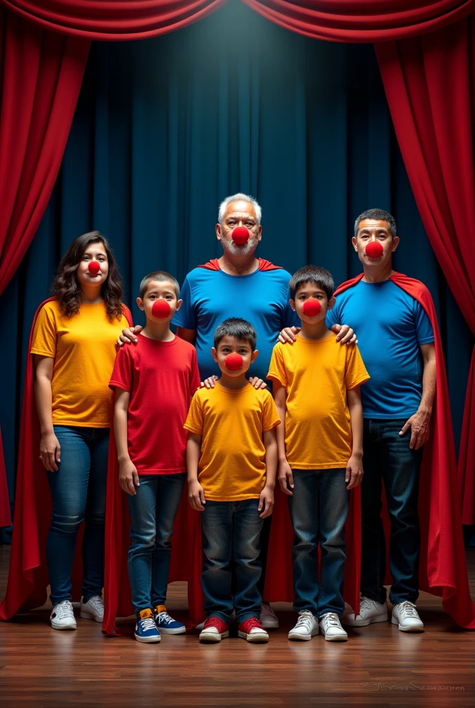 A group of 5 ordinary people, with Peruvian features between 8 and 60 years old, dressed as superman with a cape, They wear a colorful shirt, They wear a red Clown nose according to the size of the nose on their face, They are standing in the middle of a theatre stage with the curtain open., doing different positions 
