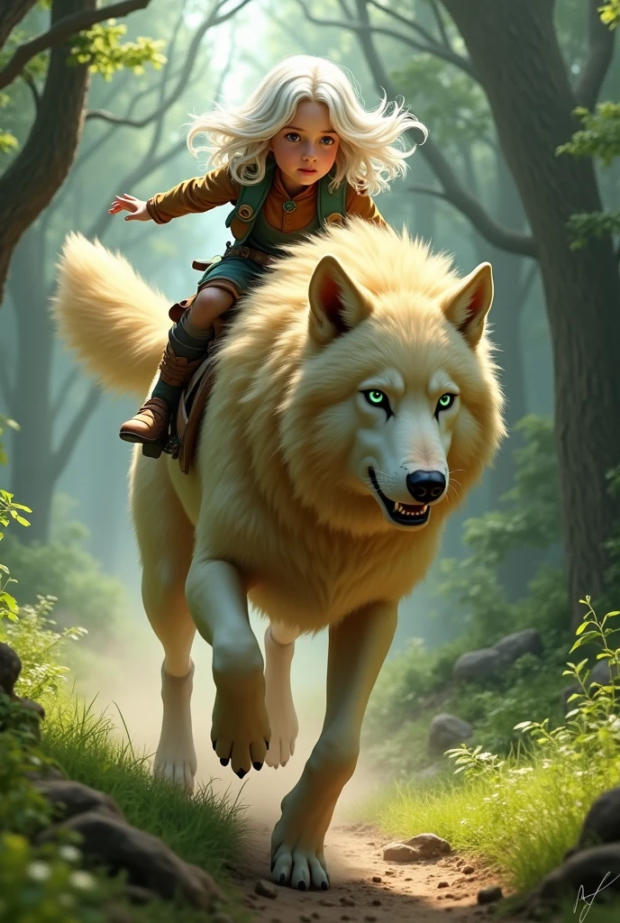 Adolescente cheveux blanc ondulés mi longs  yeux bleus vert  peau pale a califourchon sur un loup geant blond qui court dans une forêt 