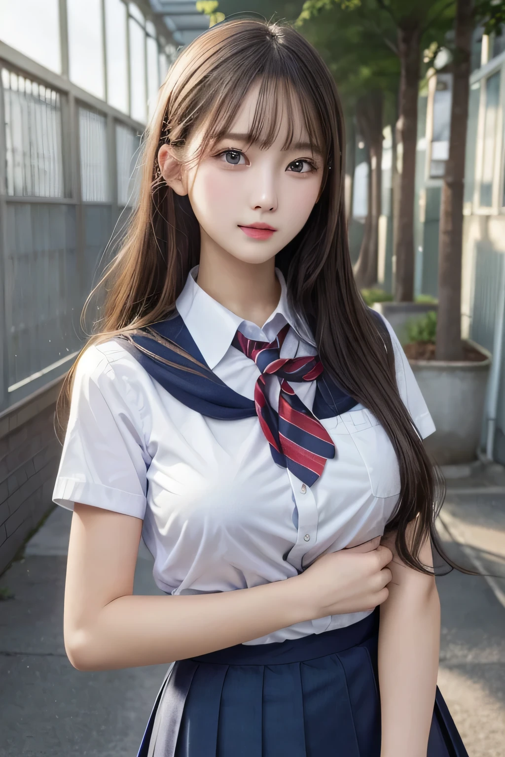 One Girl, 1 person,Highest quality,High resolution,超High resolution,8k,Realistic,Upper Body,encounter_audience,Large Breasts, the body is slim,(School uniform:1.2),