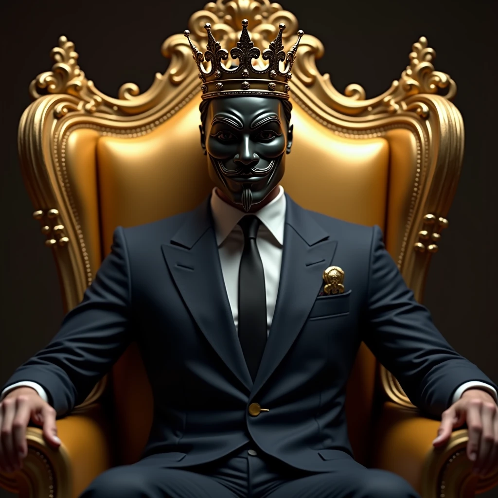character with the anonymous mask sitting on a throne wearing a crown on his head his clothes are a suit and the golden throne the golden crown