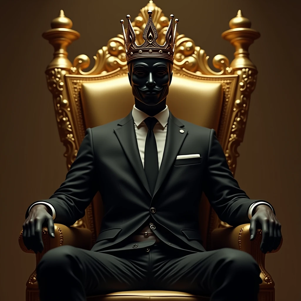 character with the anonymous mask sitting on a throne wearing a crown on his head his clothes are a suit and the golden throne the golden crown