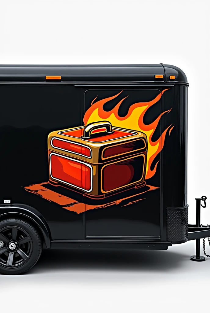 A logo of a lunchbox on a black trailer selling barbecue