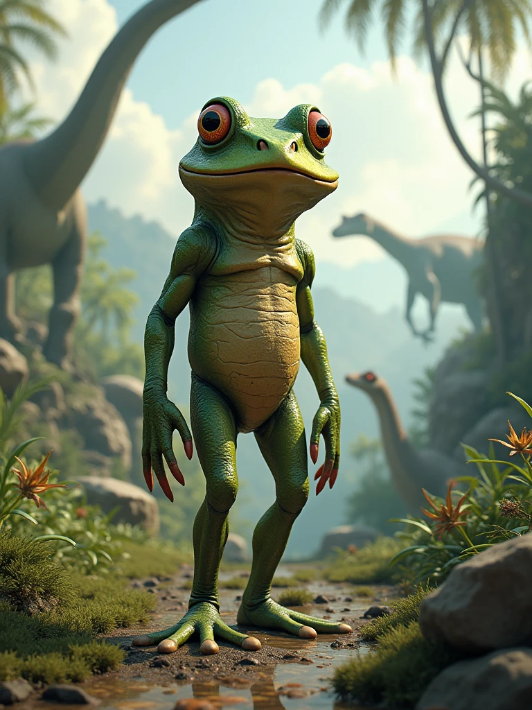 human frog, dinosaurs in background,