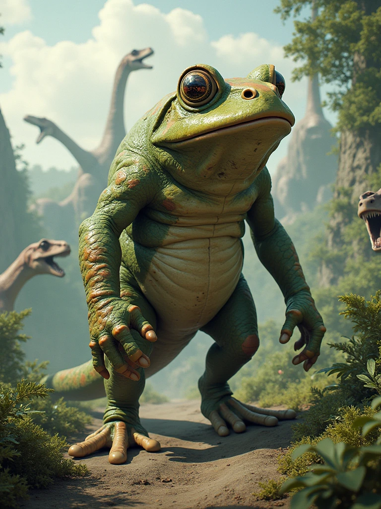 human frog, dinosaurs in background,