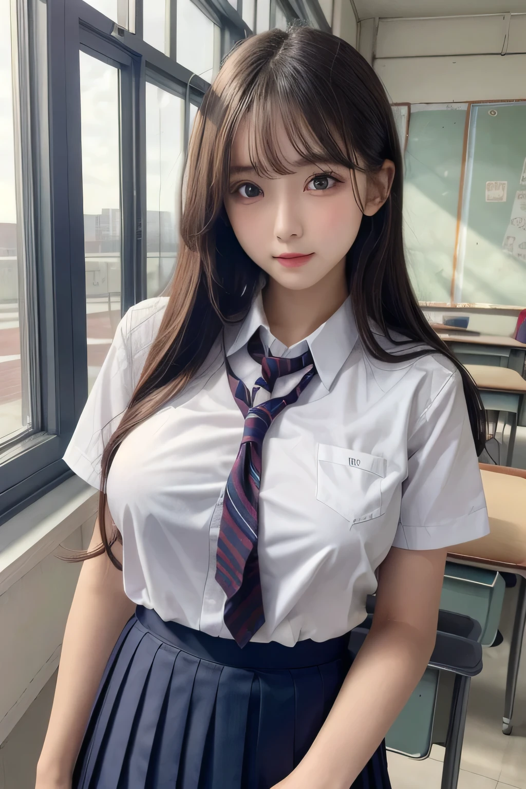 One Girl, 1 person,Highest quality,High resolution,超High resolution,8k,Realistic,Upper Body,encounter_audience,Large Breasts, the body is slim,(School uniform:1.2),