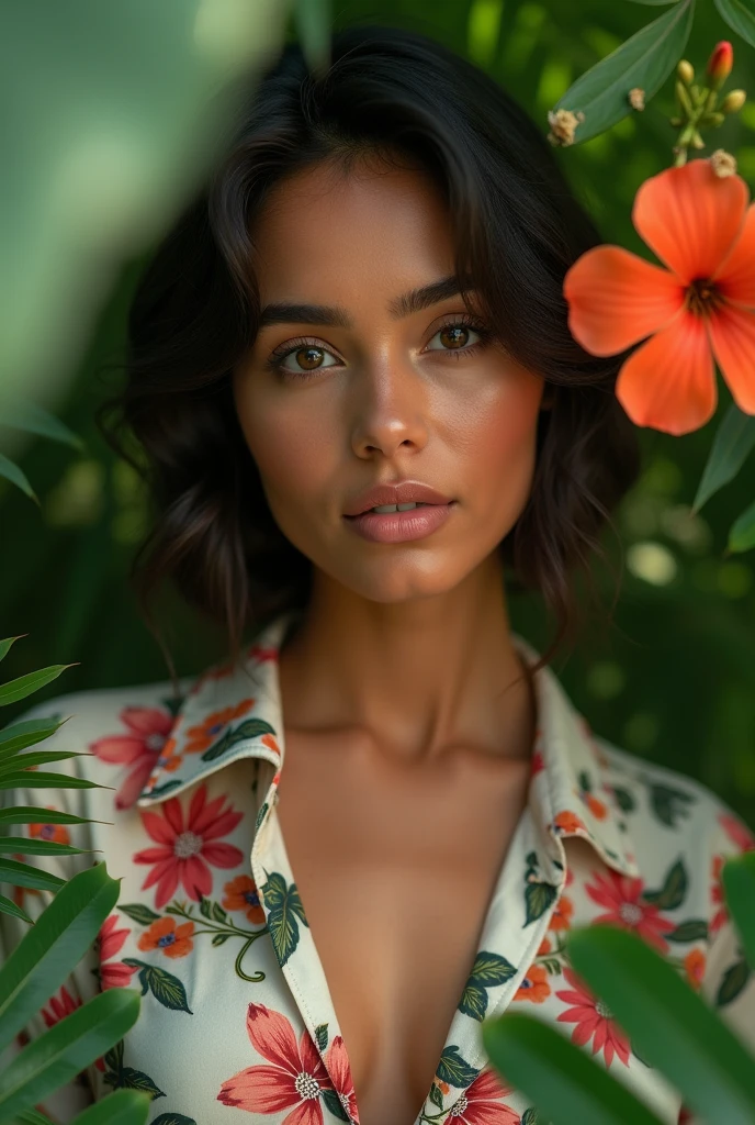 A Brazilian woman in a lush tropical garden, wearing an open shirt with a floral print, with a close-up capturing the harmonious beauty between her breasts and the natural flowers, showing off your natural charm and outgoing personality.