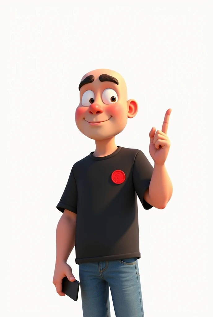 Create a Disney Pixar style character in a white setting a white man,Round face, narigudo, with thick eyebrows, shaved hair, short, wearing a black t-shirt with a red circle on the left chest and jeans, with one hand holding a cell phone and the other pointing upwards