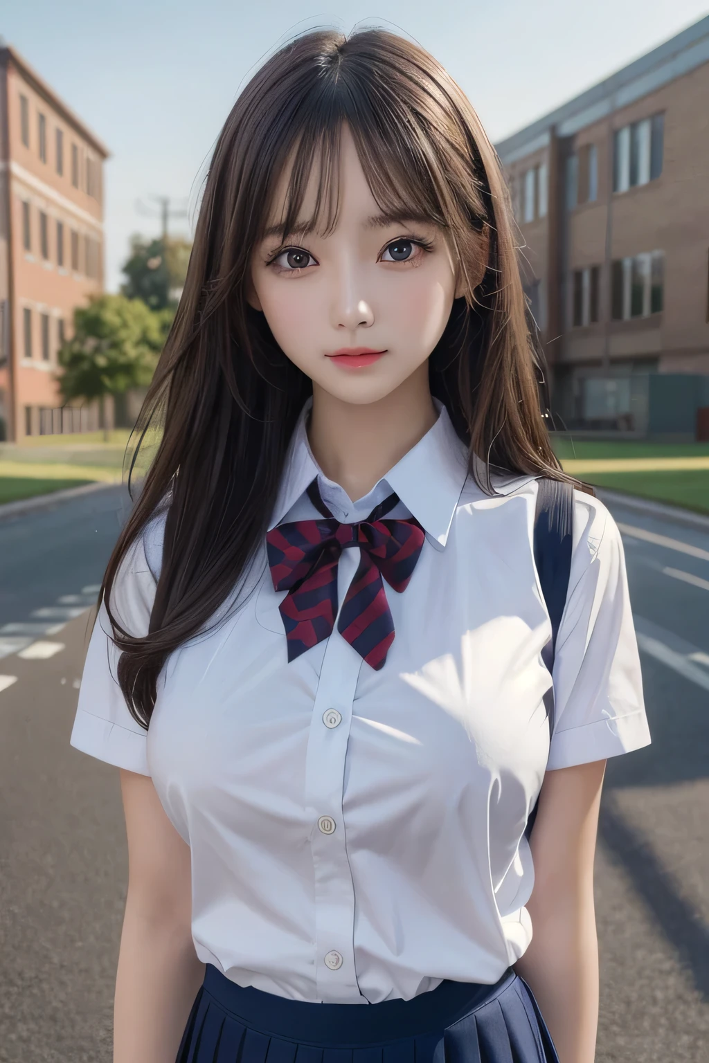 One Girl, 1 person,Highest quality,High resolution,超High resolution,8k,Realistic,Upper Body,encounter_audience,Large Breasts, the body is slim,(School uniform:1.2),
