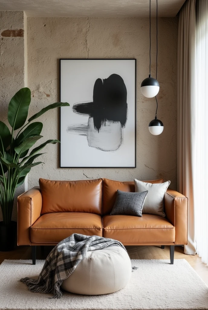Create an interior design scene with a stylish and contemporary living room ambiance. The back wall must be made of natural stone, with rustic texture and neutral tones. Place a caramel brown leather sofa in the center, with cushions of the same tone. In front of the sofa, place a light beige pouf with black metal legs. About the pouf, add a gray and white plaid blanket. Add a modern pendant light with two black and white globes, suspended next to a large black and white abstract artwork. On the left side of the sofa, insert a tall green plant to bring a natural touch to the environment. The floor should be covered with a soft carpet in a light shade., and a flowing white curtain should frame the scene on the right.