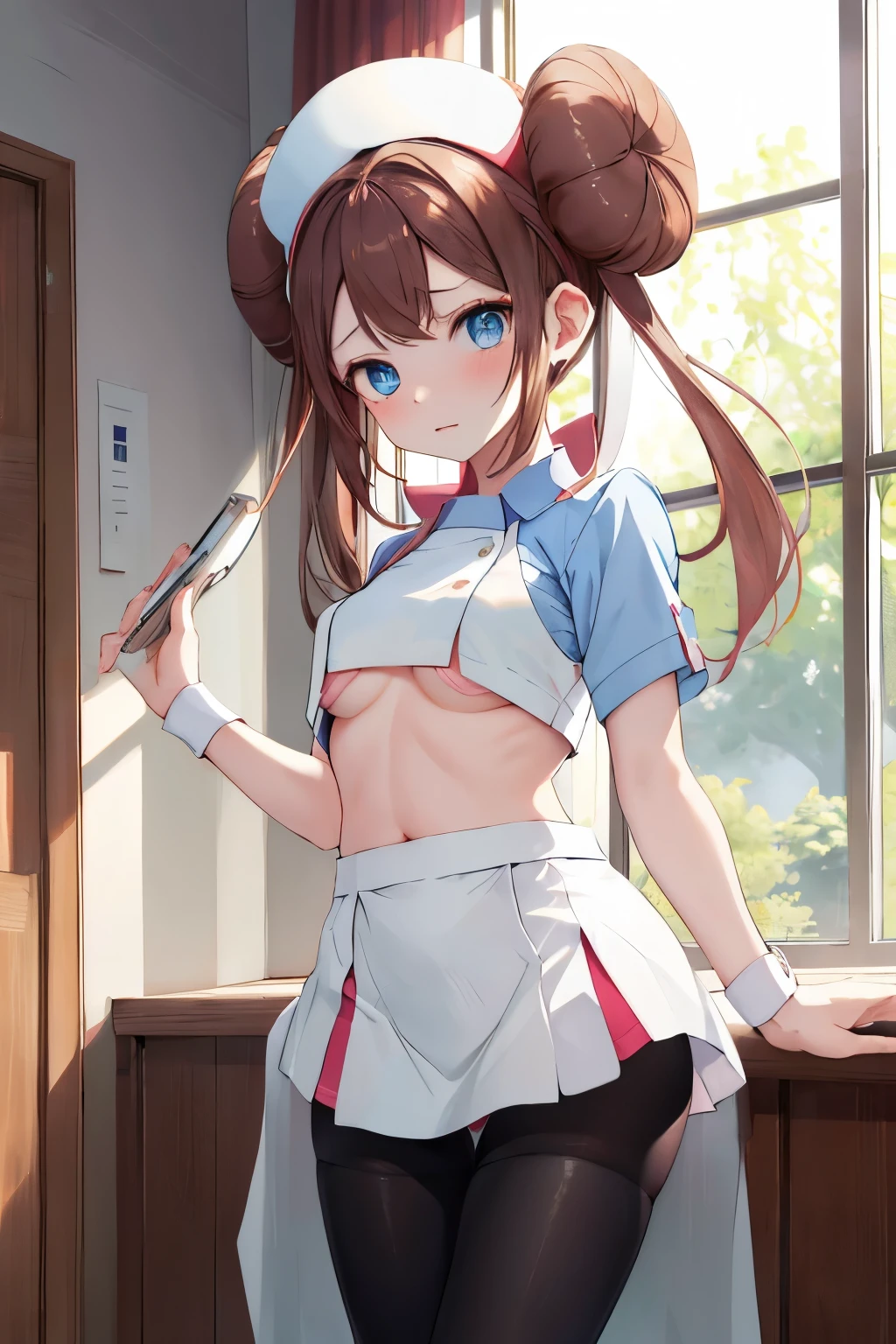 nurse uniform, 14yo, Underboob, shy, Small breasts, masterpiece, highest quality, High resolution, ro1, Hair Bun, Blue eyes, Twin tails, Visor Cap, pantyhose, White bra, Black Stockings