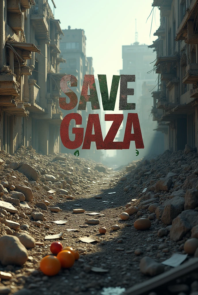Create an image with the words save gaza written on it with the rubble 
