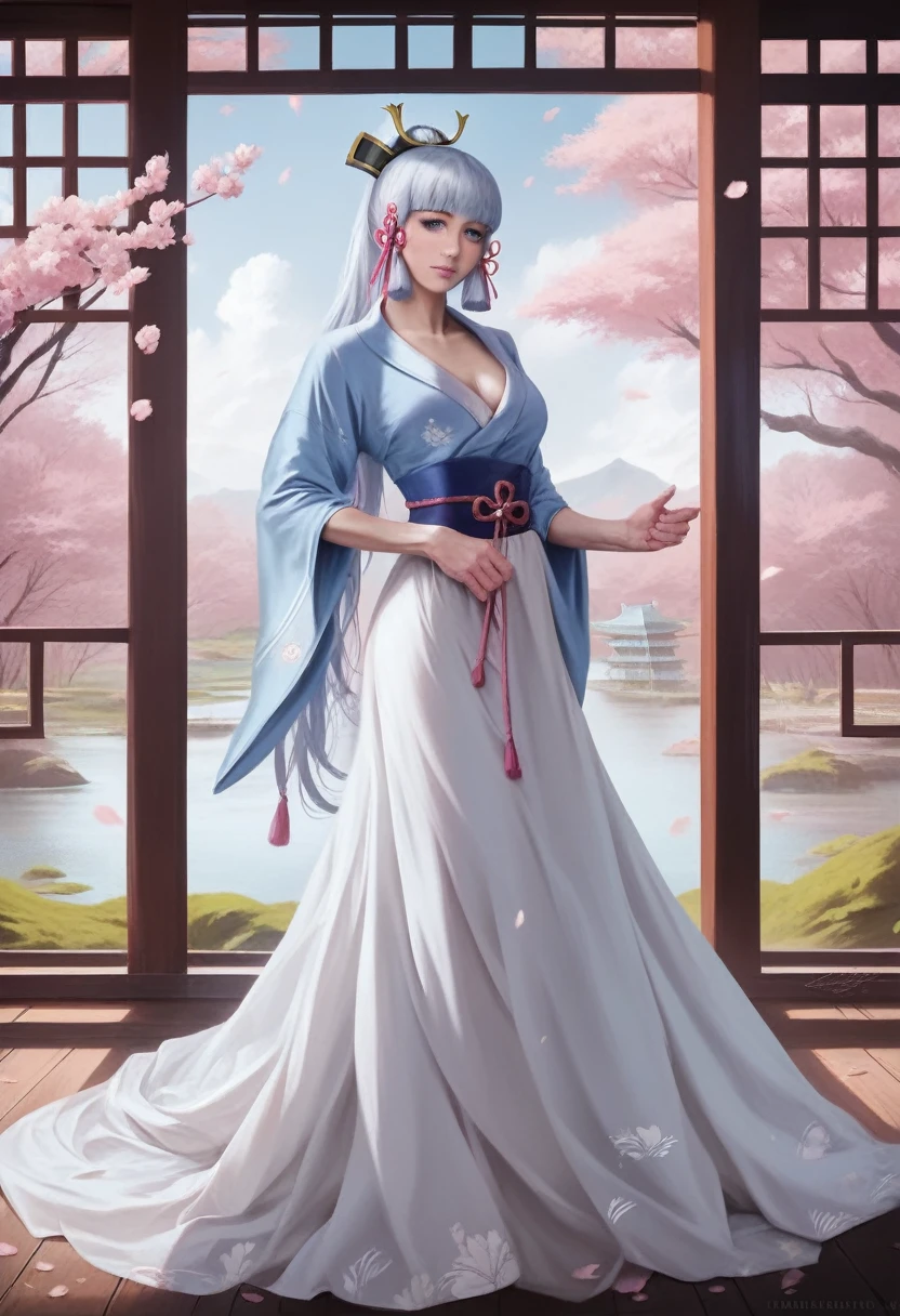 Kamisato ayaka, beautiful detailed eyes, beautiful detailed lips, extremely detailed eyes and face, long eyelashes, elegant kimono, serene expression, narrow waist, flowing hair, intricate hair ornaments, mature, full body, natural lighting, vibrant colors, cinematic composition, fantasy landscape, cherry blossoms, ornate architecture, (best quality,4k,8k,highres,masterpiece:1.2),ultra-detailed,(realistic,photorealistic,photo-realistic:1.37)